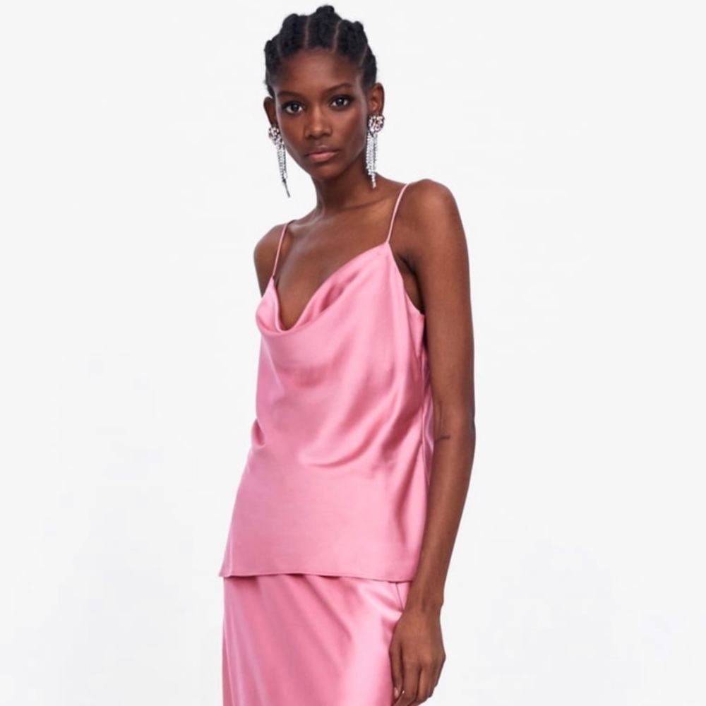 Zara Satin Pink Cowl Neck Cami